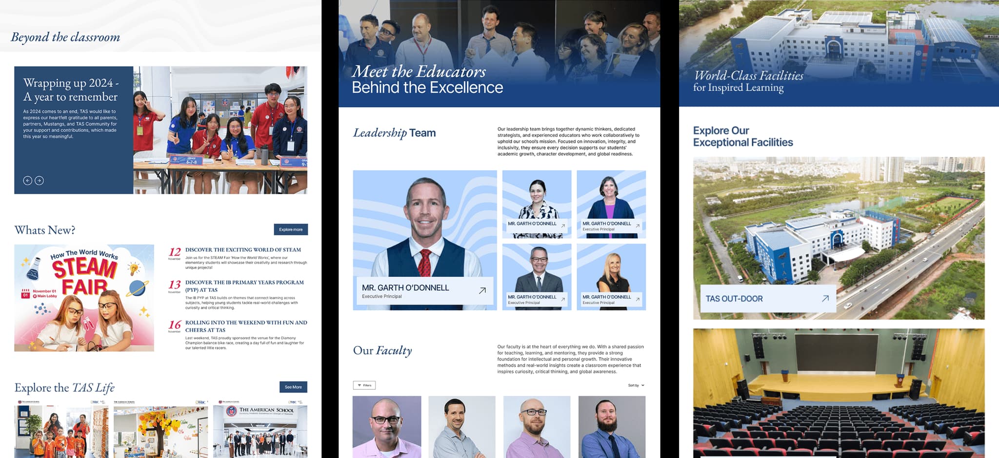 Alt text: "Three-page layout featuring educational highlights, leadership team profiles, and school facilities overview."