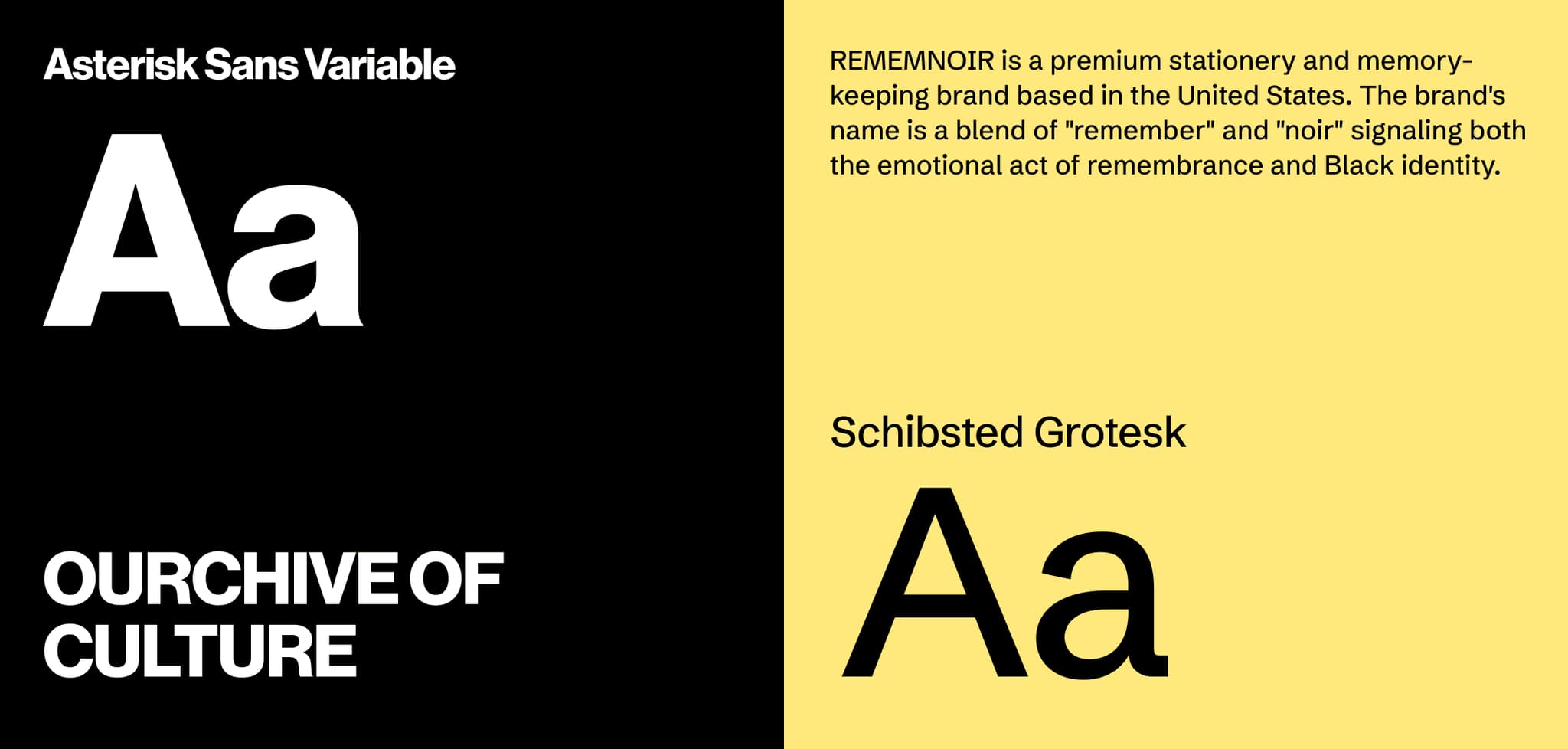 Alt text: Typography samples featuring Asterisk Sans Variable and Schibsted Grotesk, promoting REMEMNOIR stationery brand.