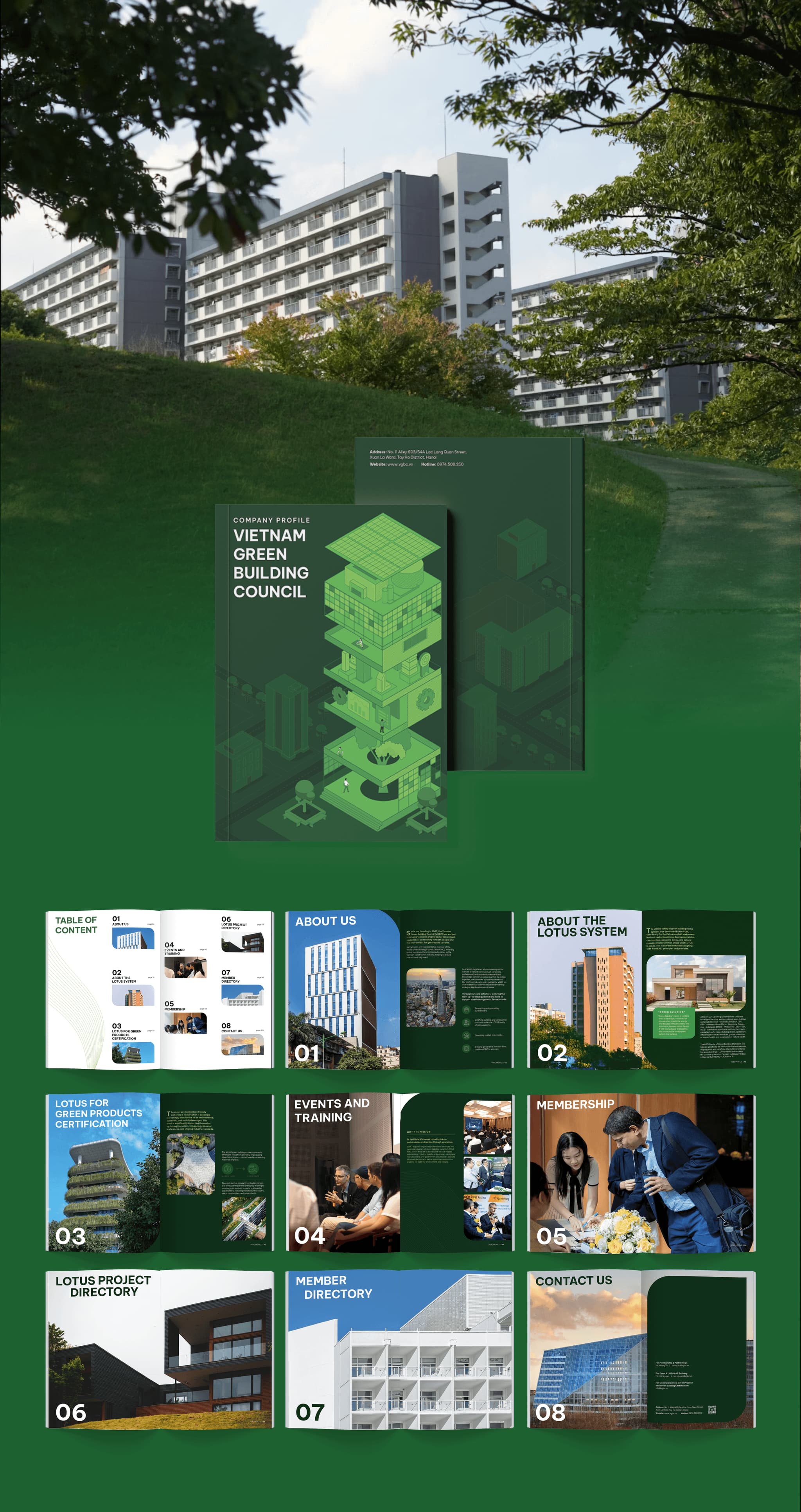 Visual representation of Vietnam Green Building Council materials, featuring a modern building and brochures highlighting architectural designs.