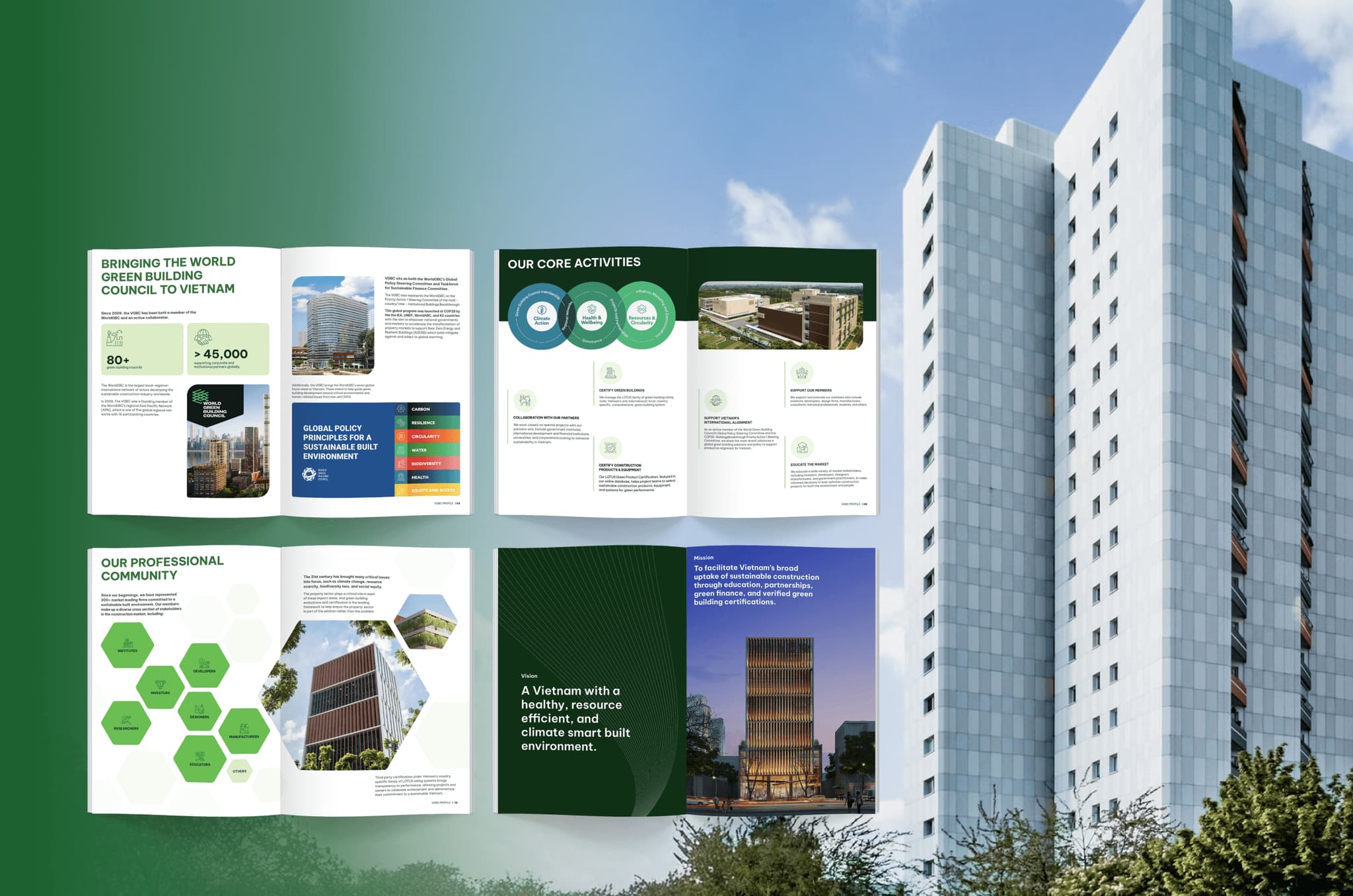 Brochure layout showcasing architectural designs and building projects alongside a modern high-rise building.
