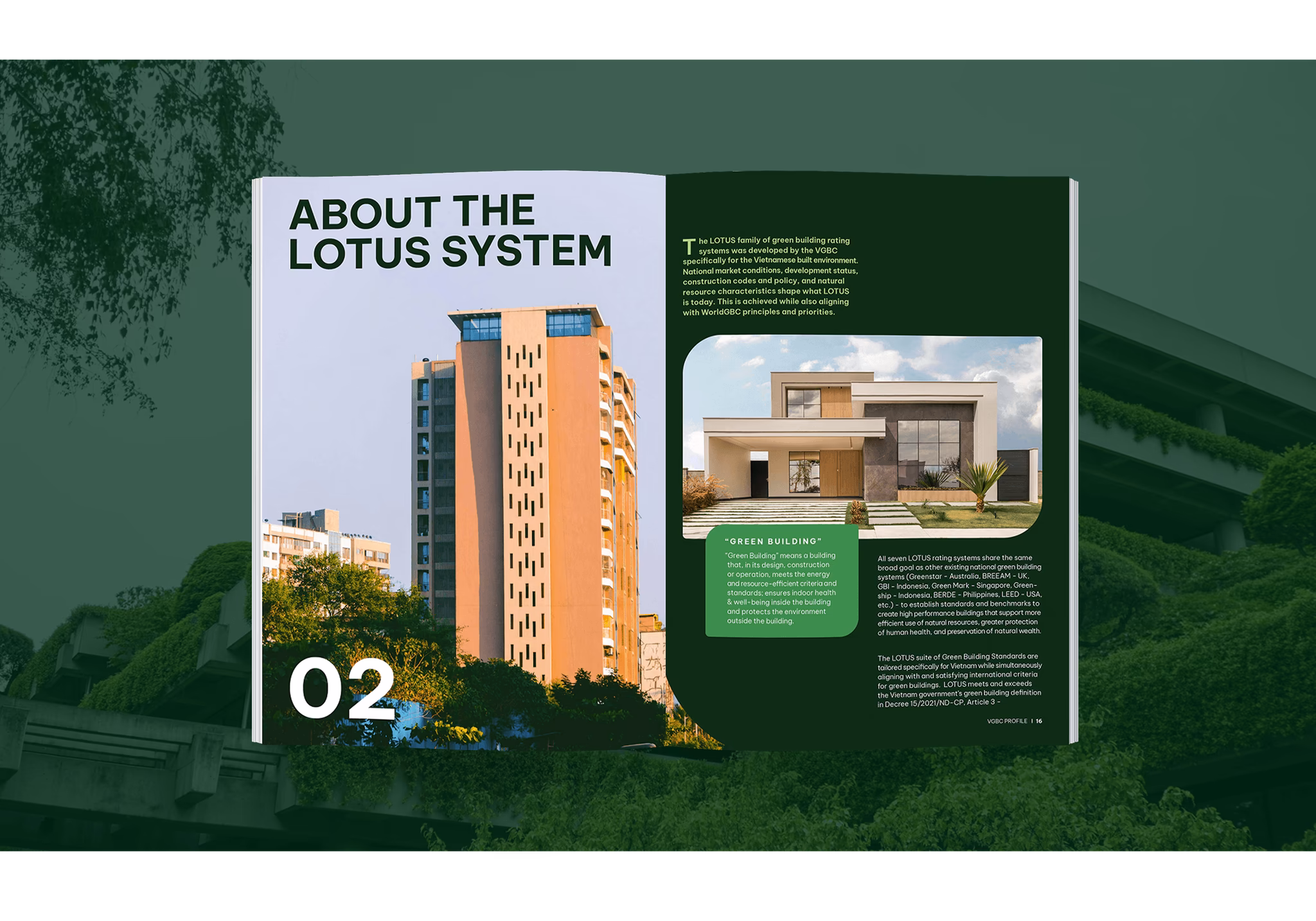 Alt text: "Magazine spread featuring the Lotus system, showcasing a modern building and information about its design."