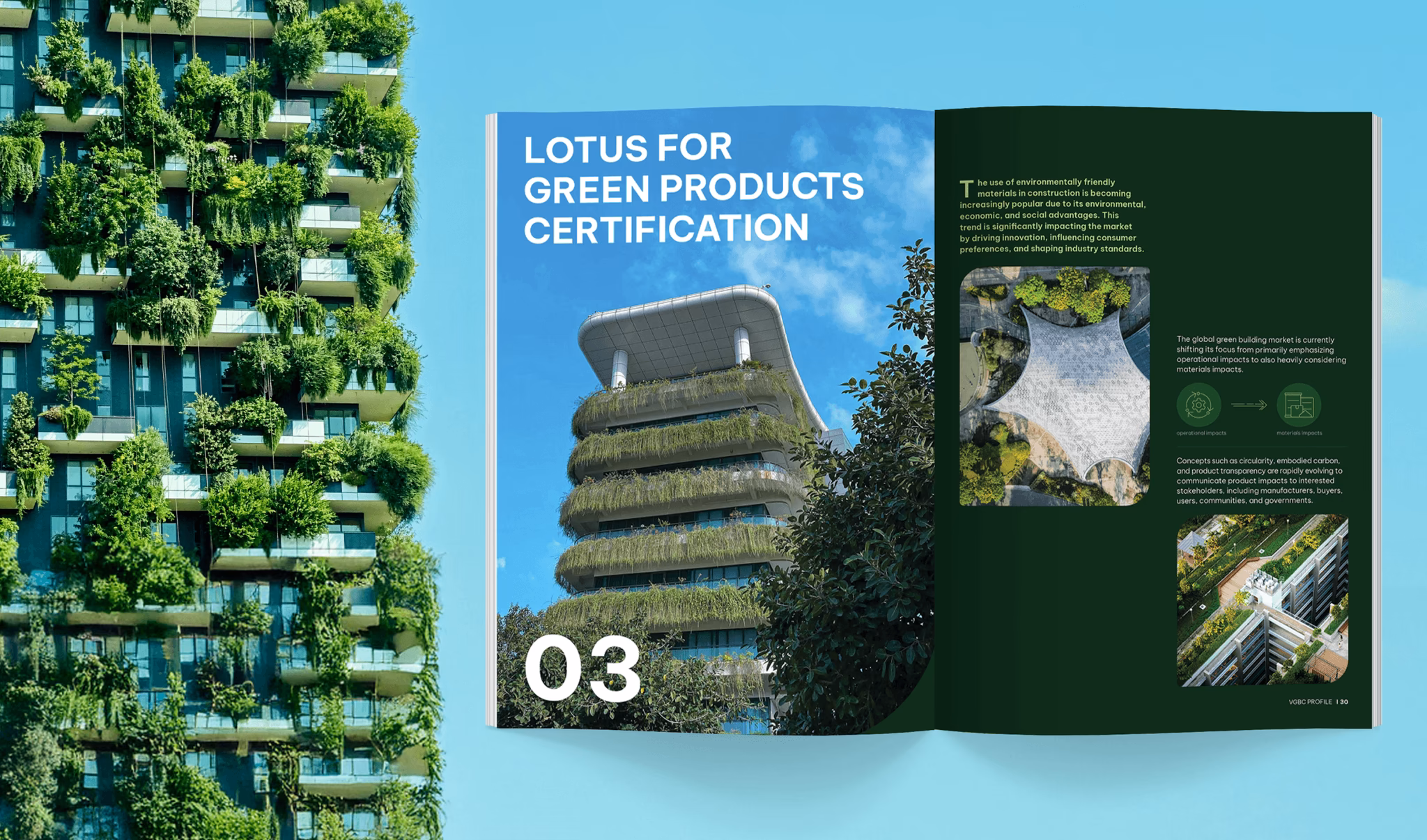 Green building brochure featuring a vertical garden structure with certification focus on sustainable products.