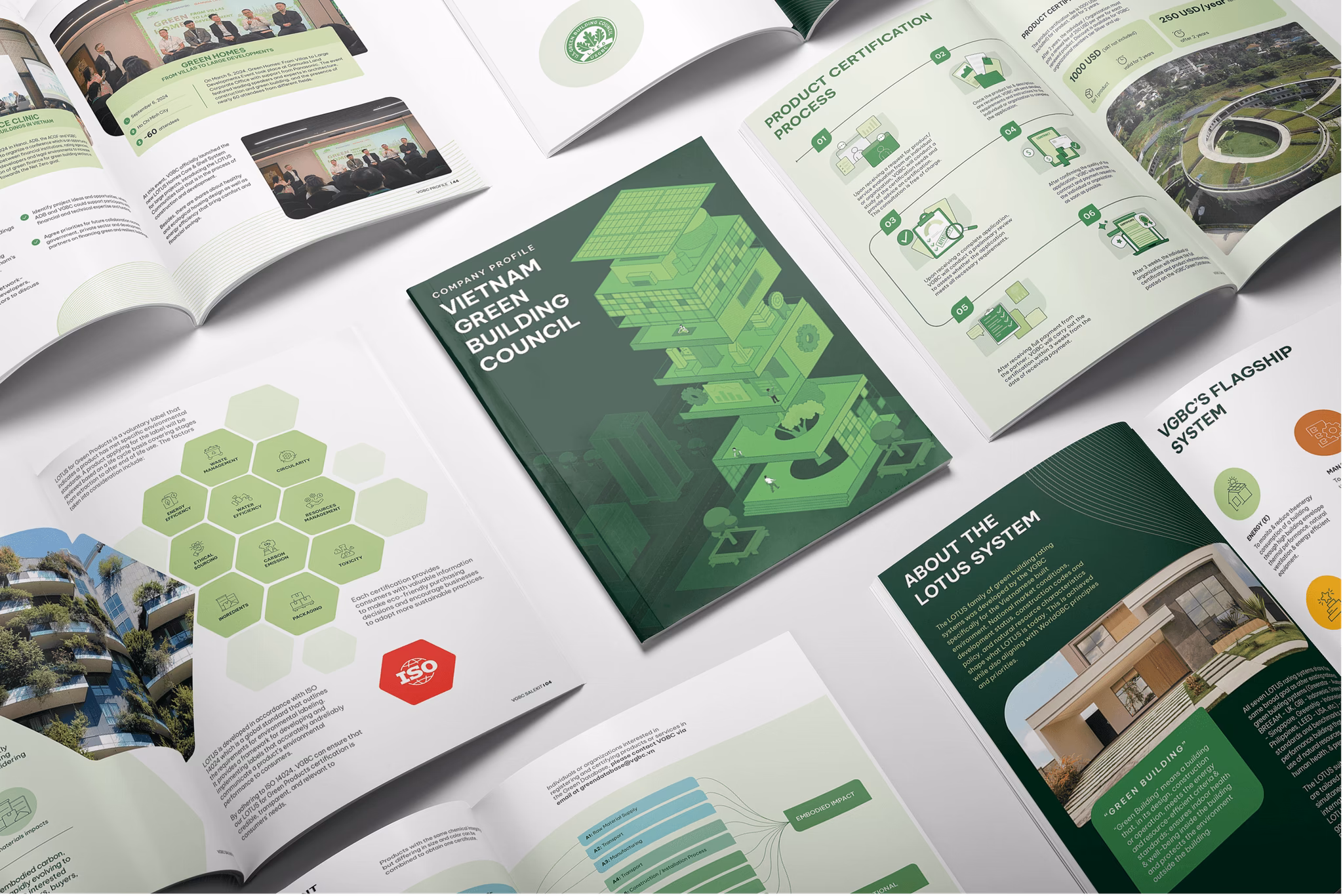 Brochures and documents featuring the Vietnamese Green Building Council, showcasing sustainable building practices and designs.