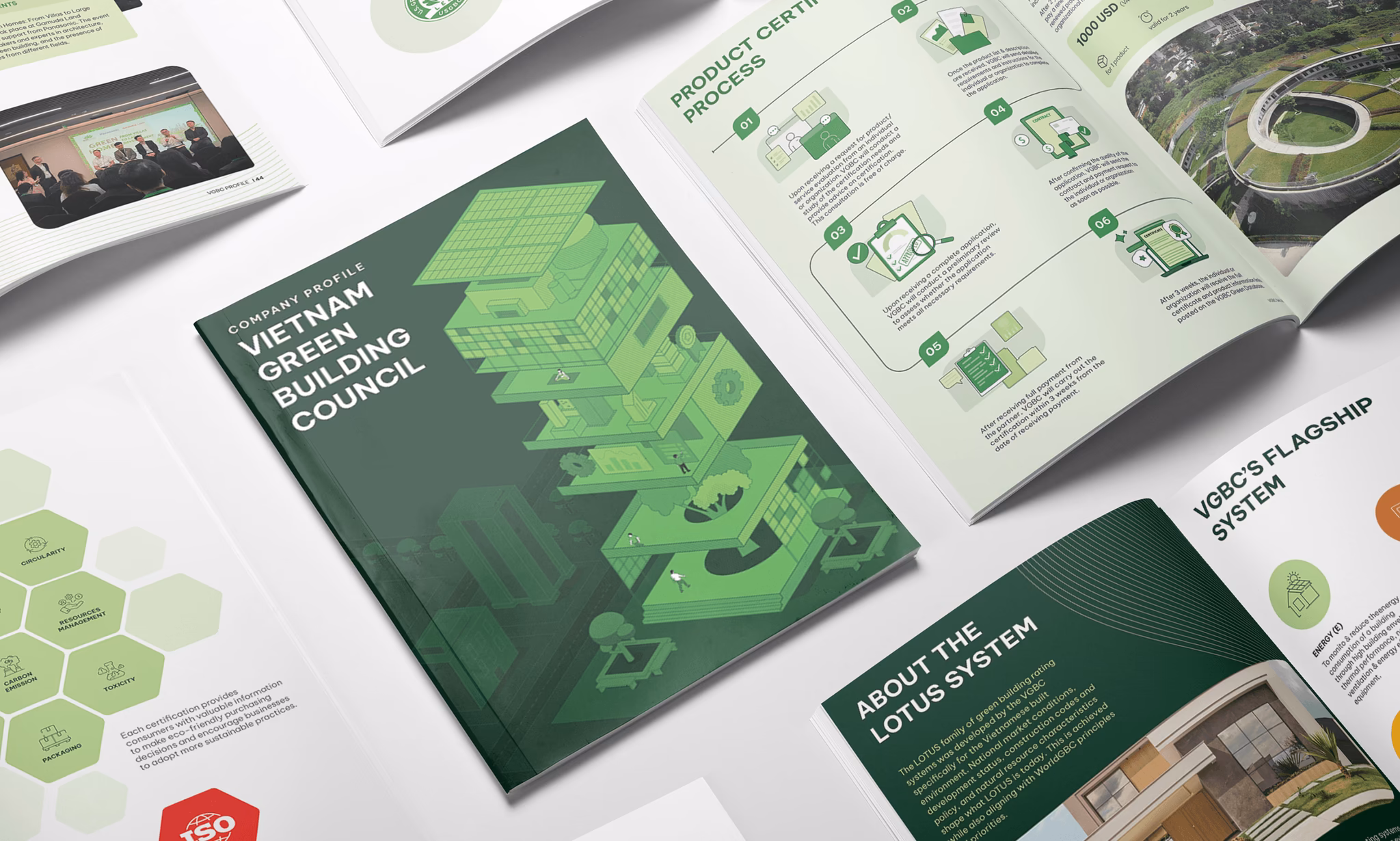 Vietnam Green Building Council brochure displayed with informative pages and graphics about sustainable building systems.