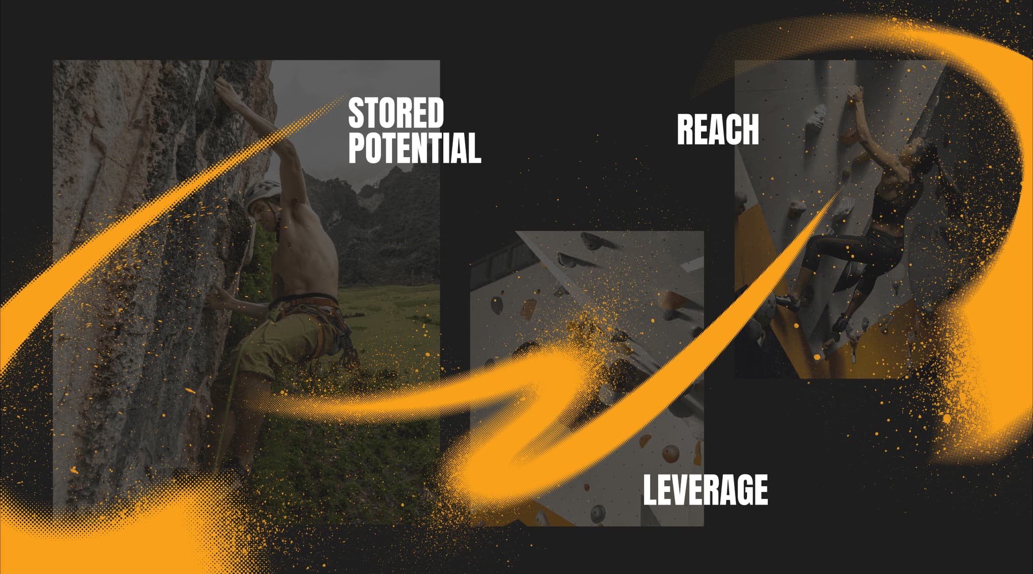 Visual motif featuring rock climbing imagery with the words "Stored Potential," "Reach," and "Leverage" in dynamic orange design.