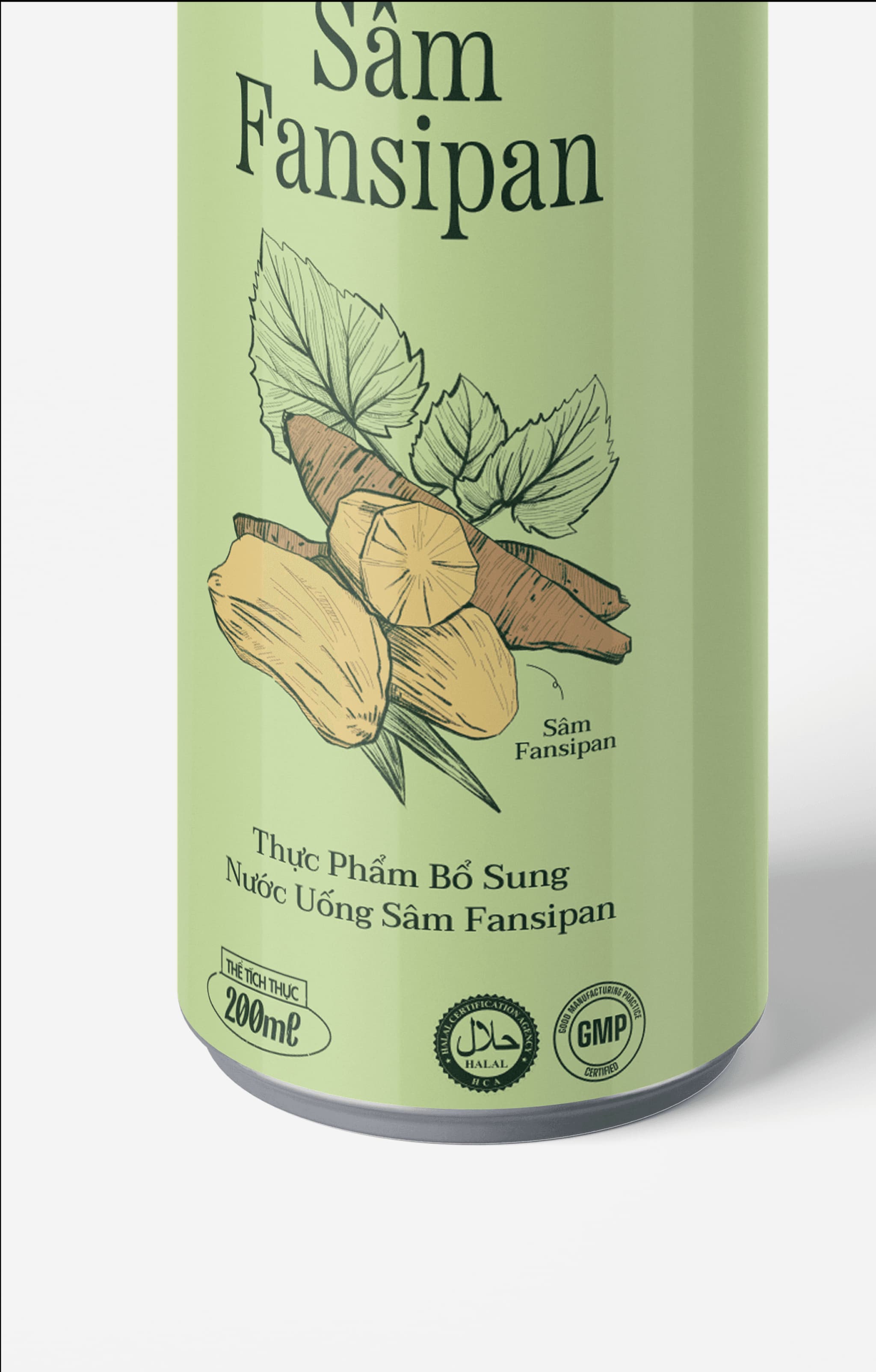 Green beverage can design featuring "Sâm Fansipan" herbal drink with ingredients and certification logos, 200ml size.