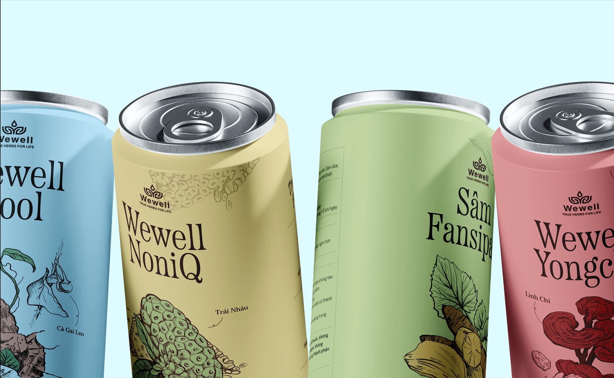 Colorful beverage cans featuring WeWell branding: Wewell Cool (blue), WeWell NoniQ (yellow), Sâm Fansipang (green), and WeWell Yongco (pink).