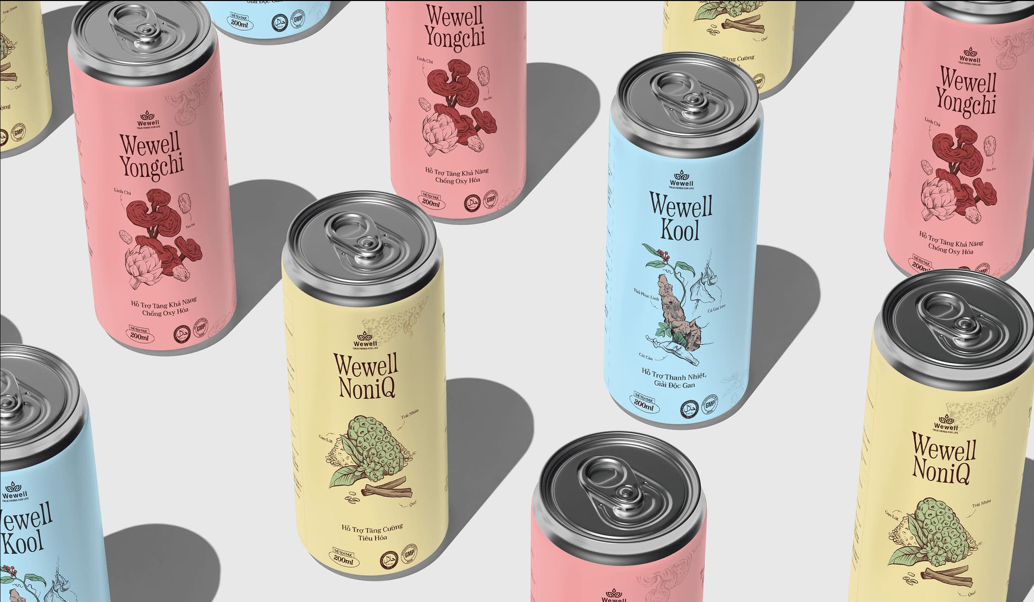 Colorful beverage cans arranged on a light surface, featuring distinct flavors and playful designs from WeWell.