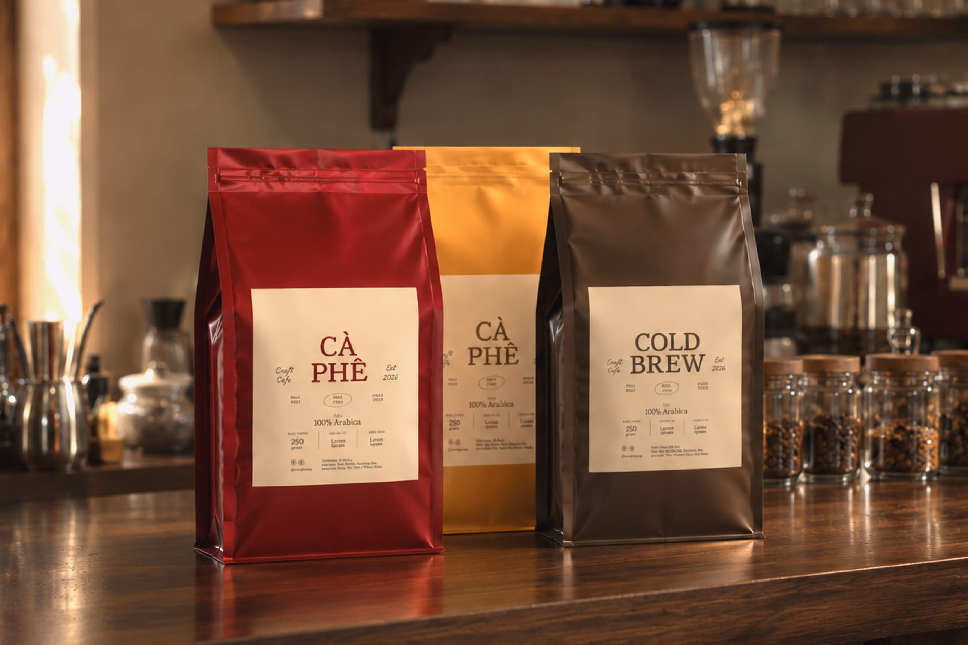 Coffee bag display: Cà Phê (red, yellow) and Cold Brew (black) on café counter with glassware