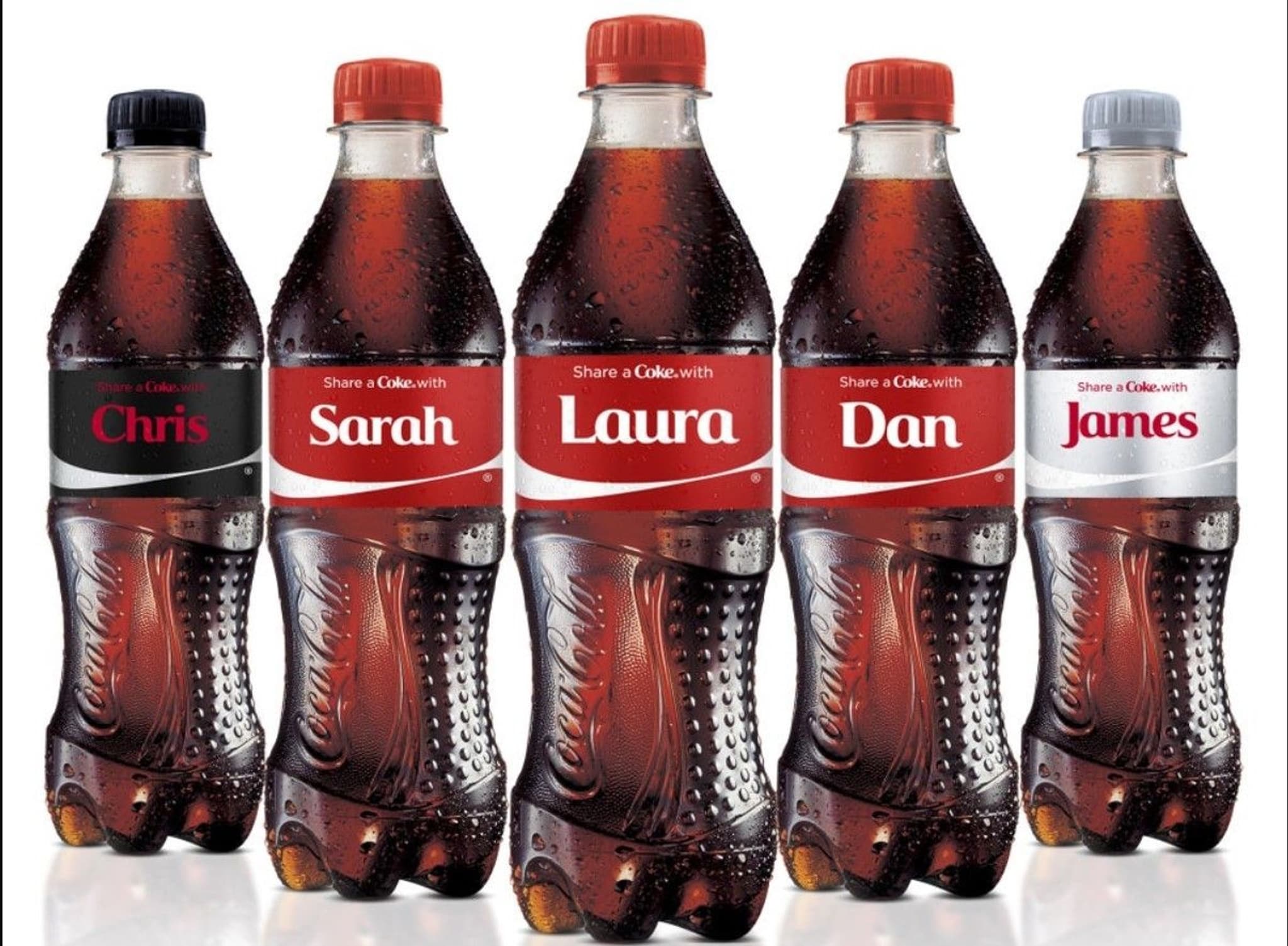 Coca-Cola bottles featuring personalized names: Chris, Sarah, Laura, Dan, and James, promoting a shareable experience.
