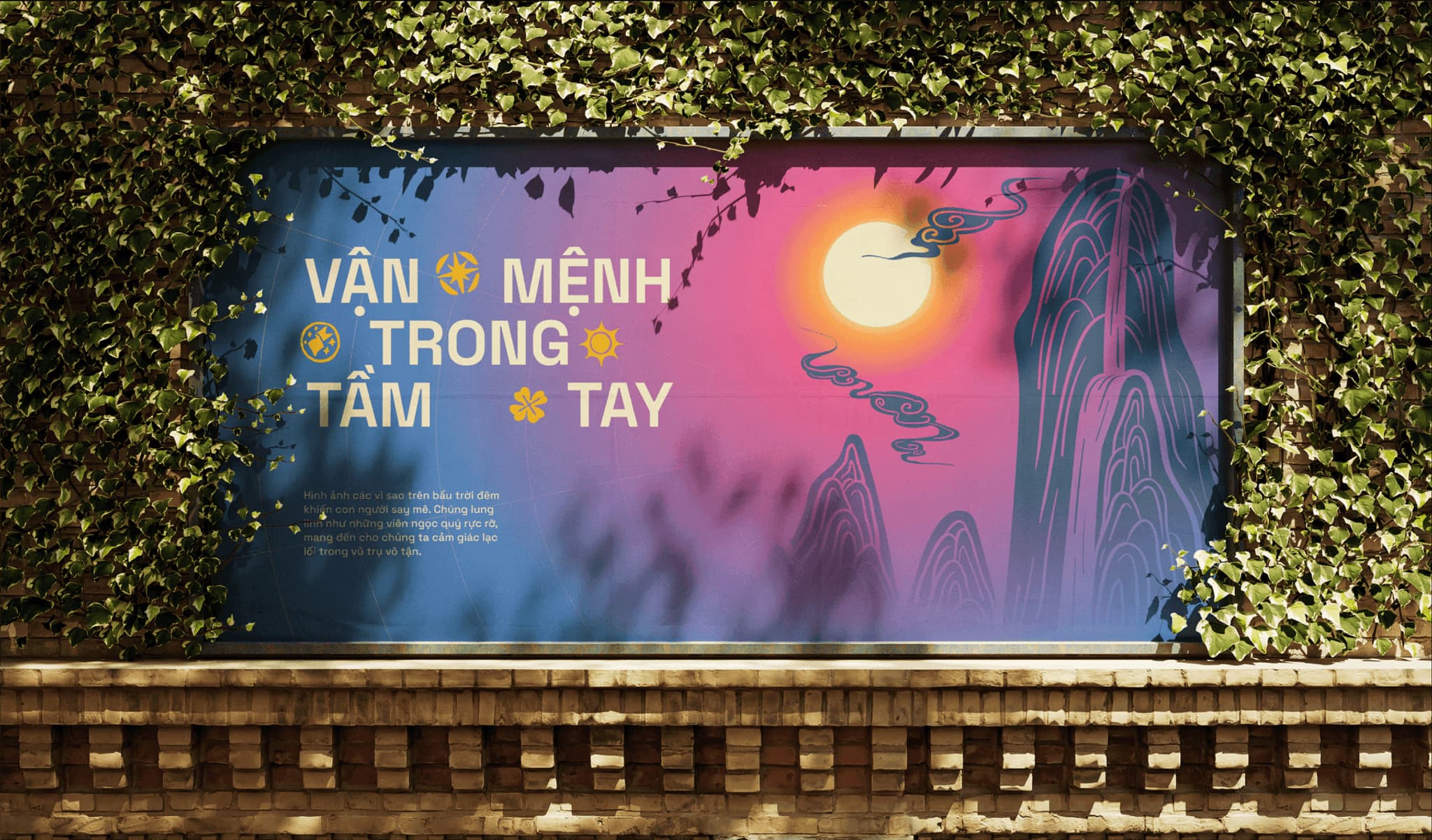 Horos billboard with the phrase 'Vận mệnh trong tầm tay' set against a vibrant sunset and mountain backdrop.