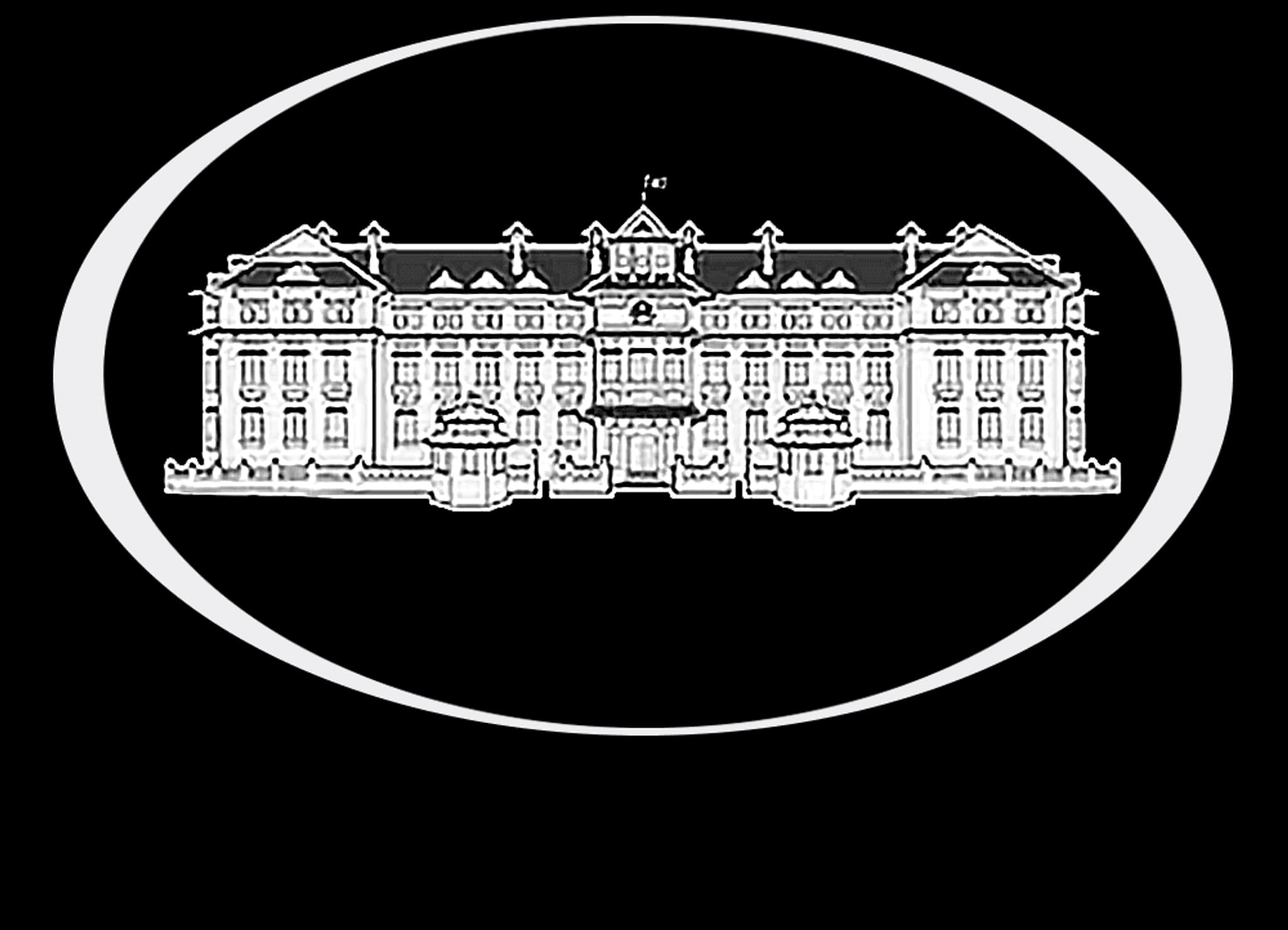Elegant architectural illustration of a historic building, featured on a black oval background.