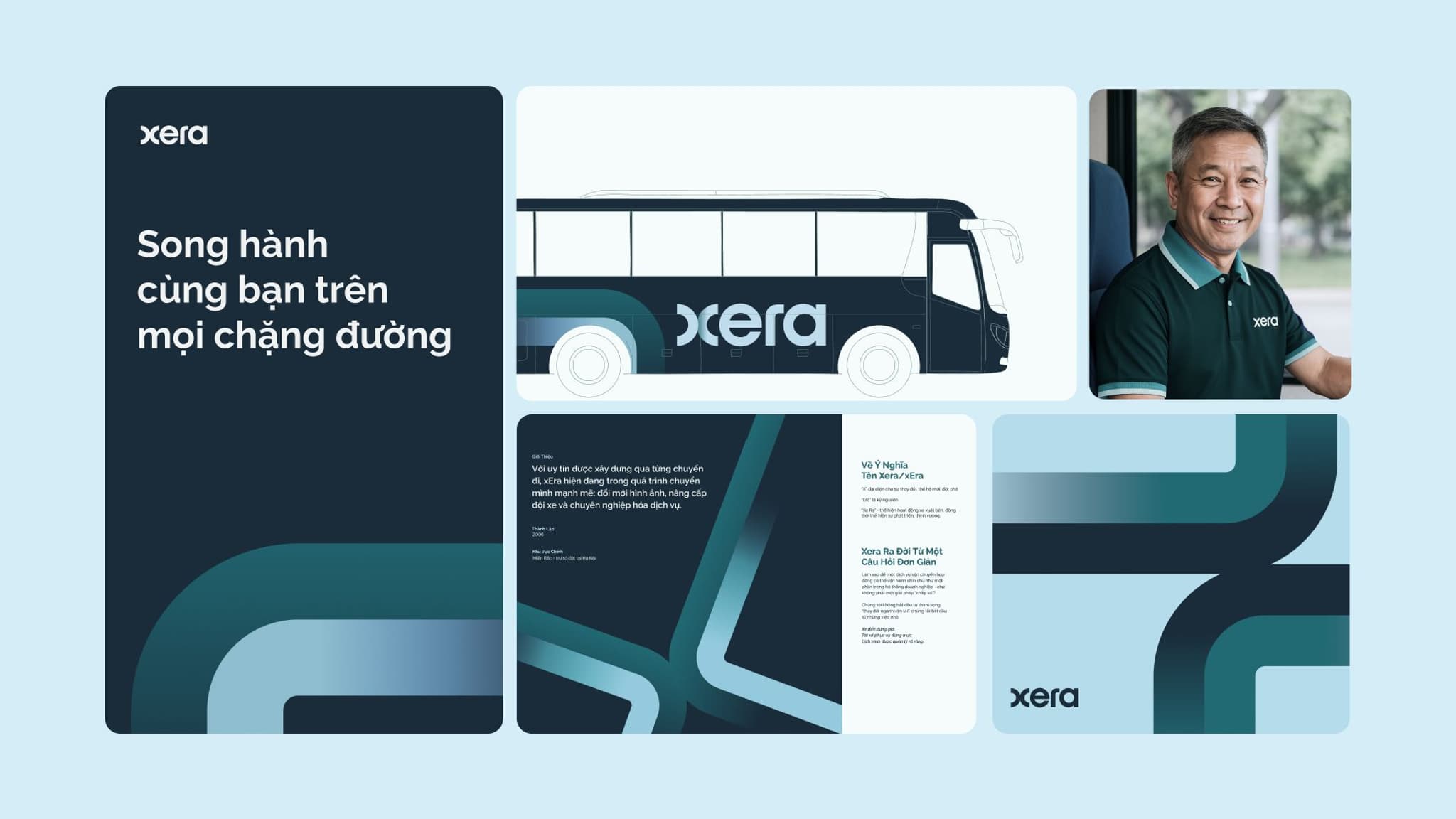 Marketing materials for Xera featuring a branded bus, a smiling representative, and design elements in teal and gray.