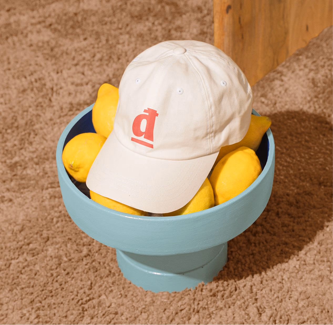 White baseball cap with red “a” logo resting in a blue storage bin with yellow plush toys