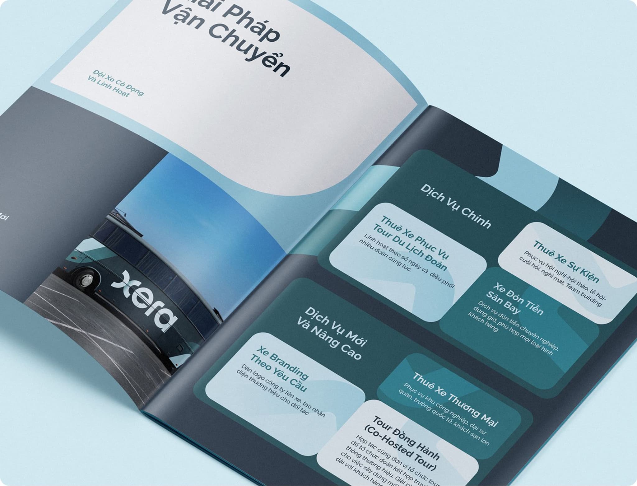 Brochure featuring Xera's transportation solutions and services with modern design elements and informative text sections.