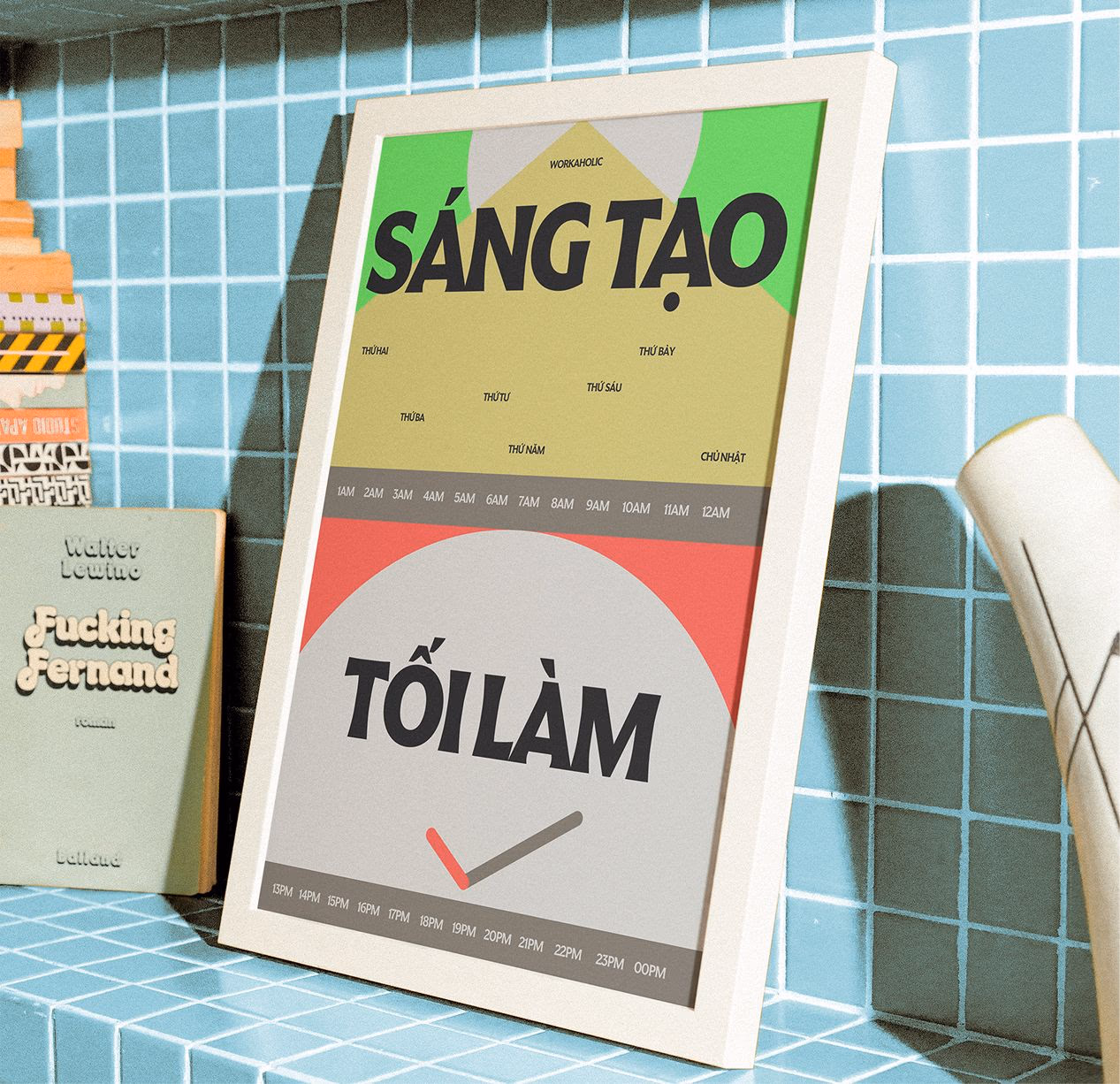 Vietnamese board game card “Sáng Tạo” and “Tôi Làm” on blue grid table background