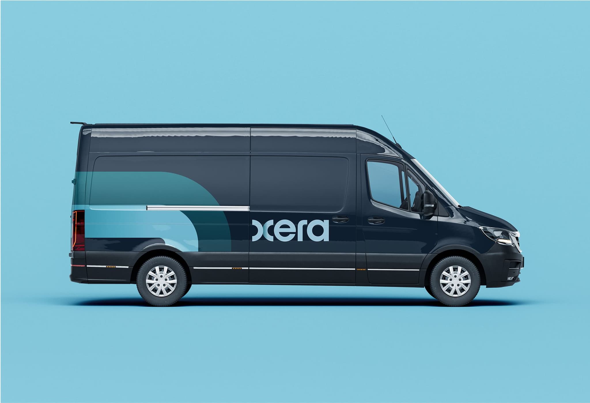 Modern delivery van featuring a sleek design, branded with the logo of 'xera' against a light blue background.