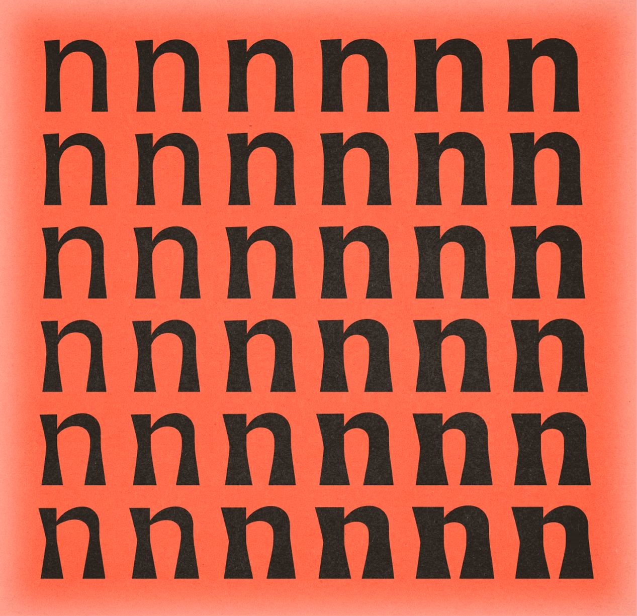 Red background with repeating black “n” letter pattern, abstract typographic design graphic