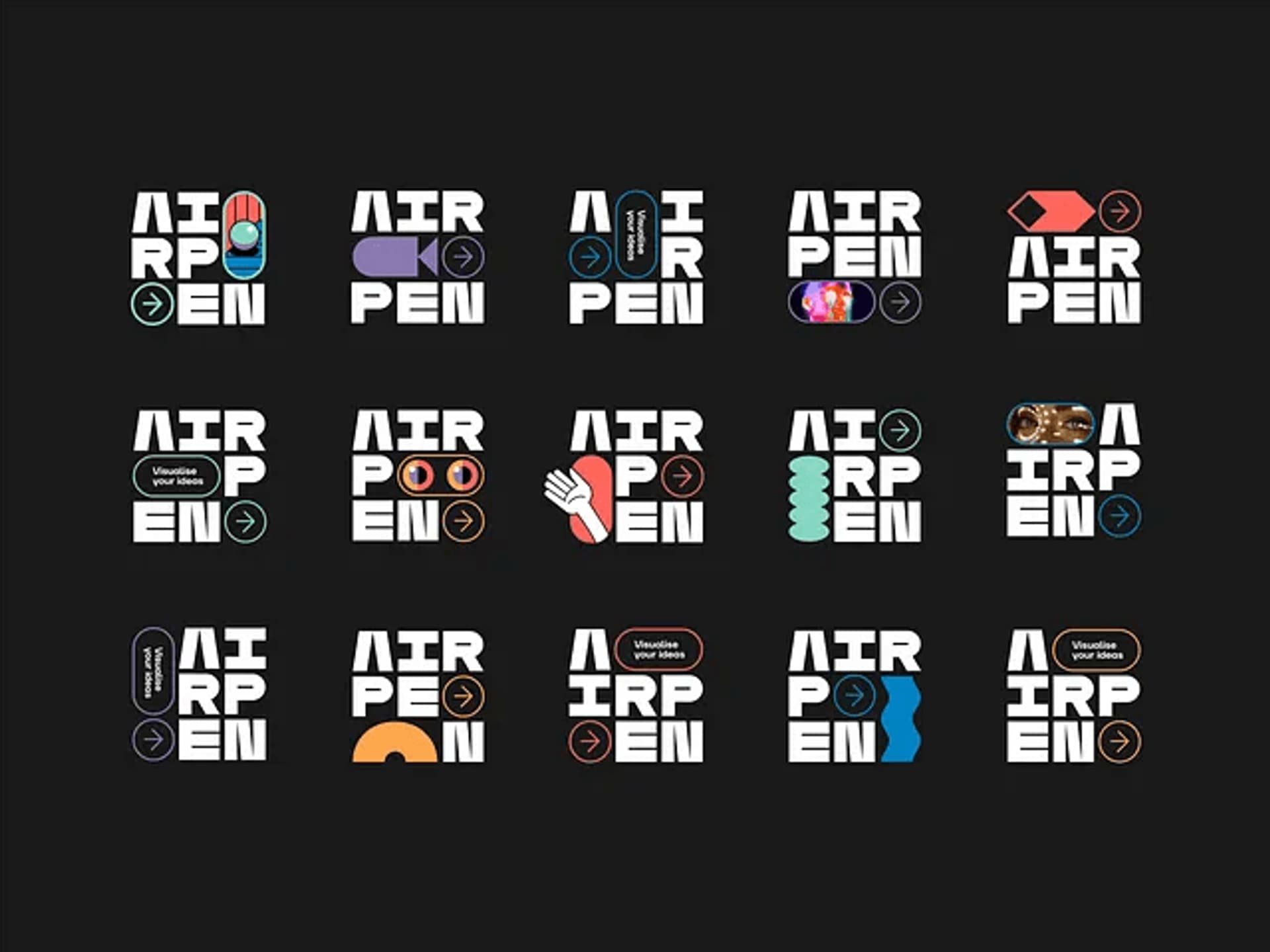 Colorful logo designs featuring the word "AIRPEN" in various styles and icons, set against a dark background.