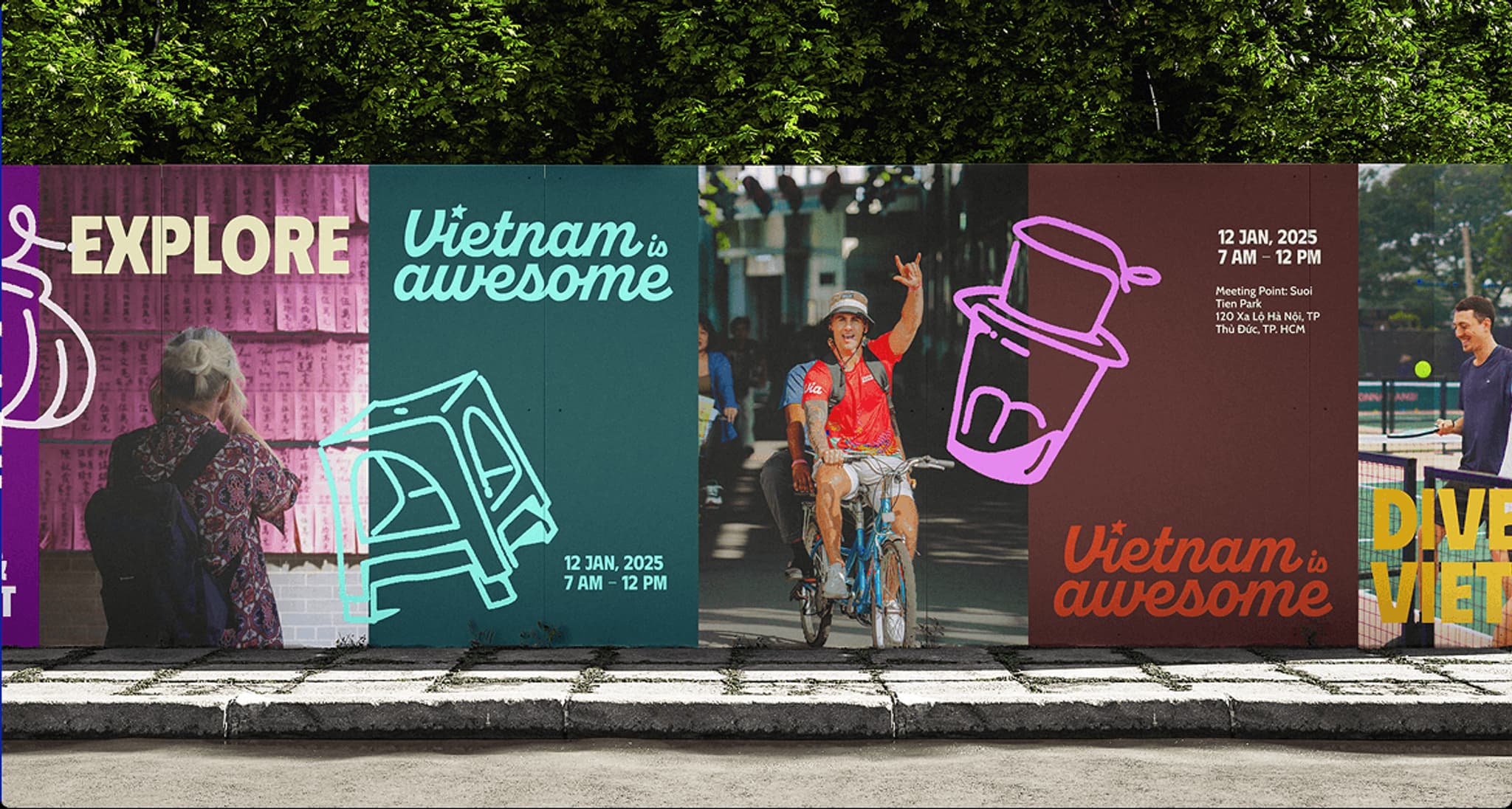 Colorful promotional banners for Vietnam tourism highlight activities like cycling and exploration. Event date: 12 Jan 2025, 7 PM.