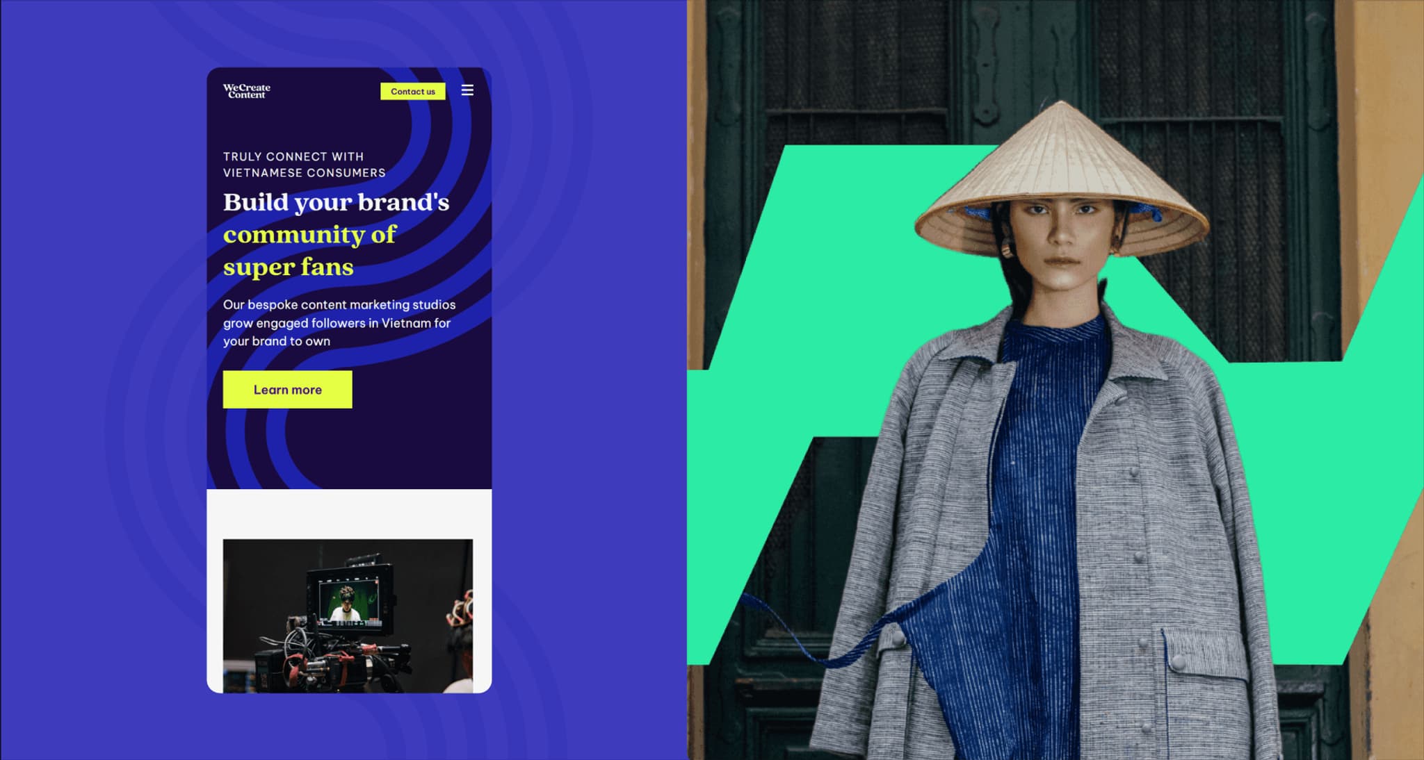 Homepage design showcasing a brand marketing platform, featuring a model in a conical hat and engaging graphics.